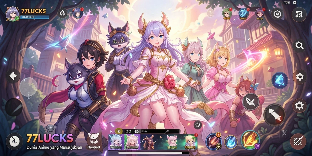 Screenshot gameplay 77LUCKS yang menampilkan karakter Anime beraksi.