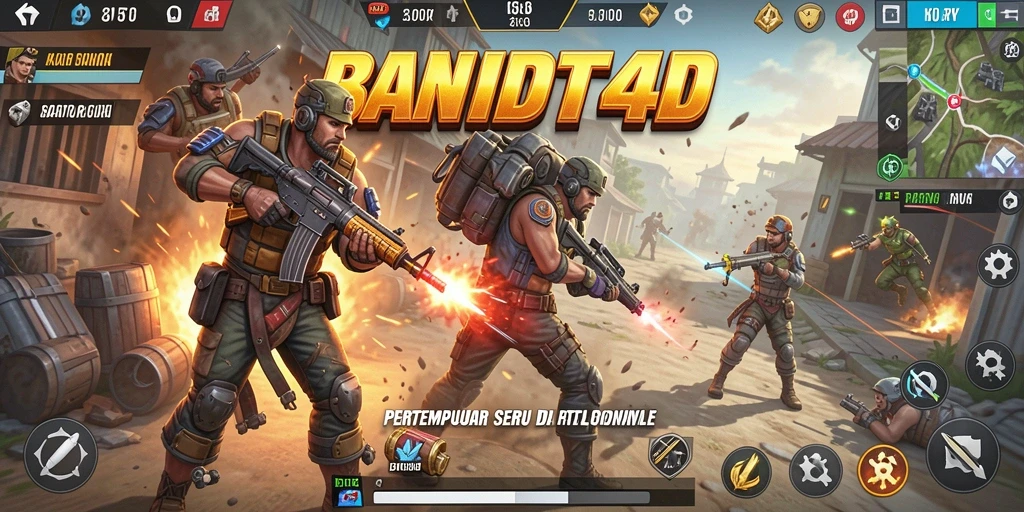 Tangkapan layar utama BANDIT4D menunjukkan aksi pertempuran seru dalam game Battle Royale.