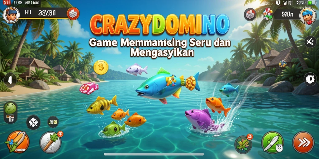 Tampilan gameplay CRAZYDOMINO yang menarik saat memancing ikan.