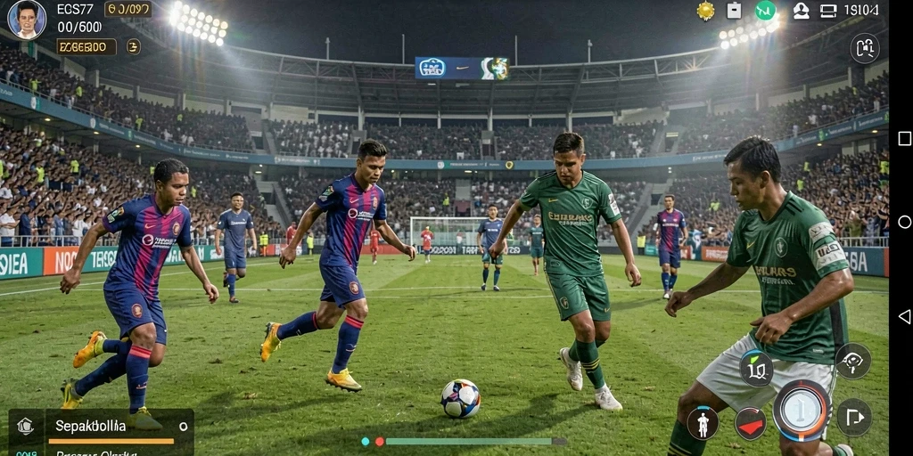 Tampilan screenshot gameplay <strong>EOS77</strong> menampilkan aksi sepakbola yang mendebarkan.