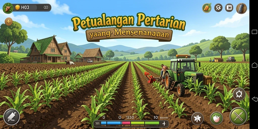 Tampilan gameplay H03 dengan lahan pertanian yang luas dan aktivitas seru.