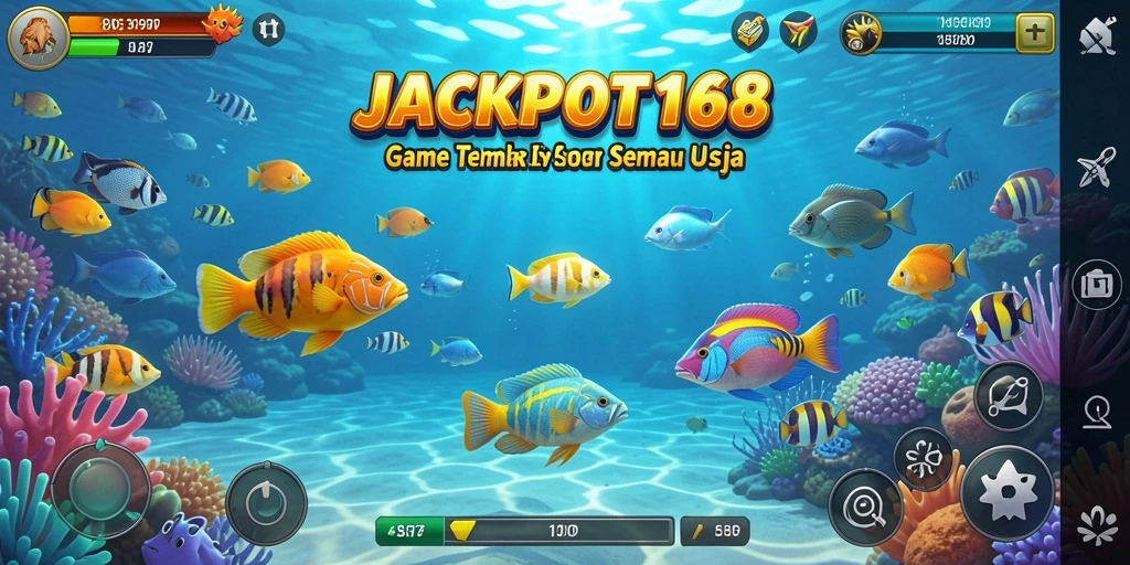 Tangkapan layar utama gameplay JACKPOT168 yang menampilkan aksi menembak ikan.