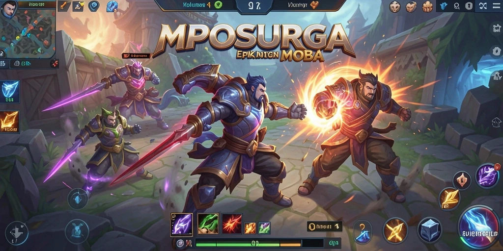 Tangkapan layar utama MPOSURGA menampilkan aksi intens pertempuran MOBA.