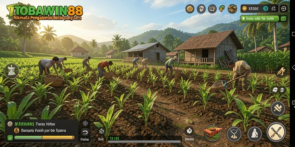 Screenshot gameplay yang menggambarkan kebun subur di TOBAWIN88.